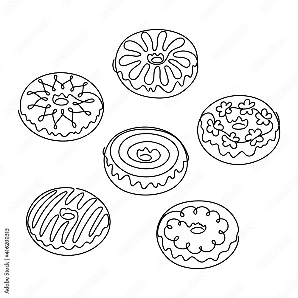 A set of abstract donuts drawn with one line. Vector illustration, continuous line, minimalism, lineart. Design element, embroidery, logo, emblem for packaging A set of abstract donuts drawn with one line. Vector illustration, continuous line, minimalism, lineart. Design element, embroidery, logo, emblem for packaging