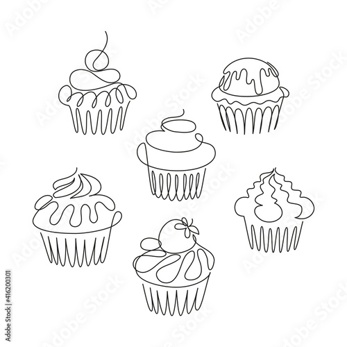 Set of abstract cupcakes. Vector illustration, minimalism, one continuous line, sketch, drawing. Symbol, emblem, logo, design element for packaging, labels