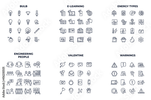 96 icon. bulb. e learning. energy types. enginering people. valentine day. warning pack symbol template for graphic and web design collection logo vector illustration