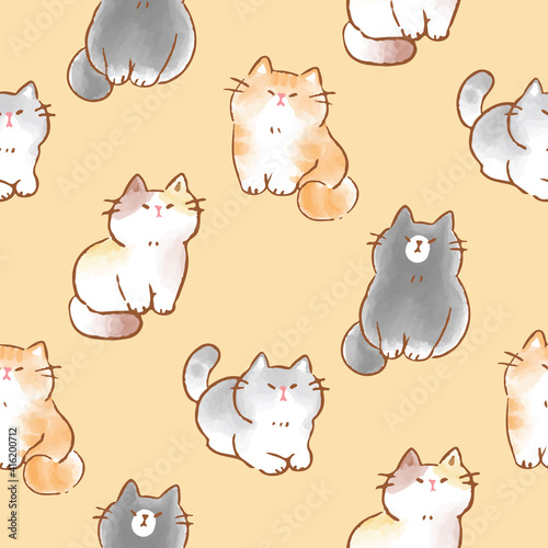 Fototapeta Naklejka Na Ścianę i Meble -  Seamless Pattern with Hand Drawn Cartoon Cat Design on Beige Color Background