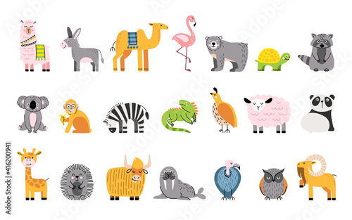 Cute animal set with raccoon, bear, quail, sheep, vulture and flamingo. Farm  and wild zoo characters. Doodle and cartoon vector illustration.