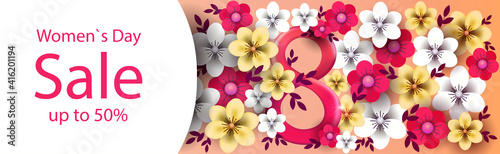 elegant eight number womens day 8 march holiday celebration sale banner flyer or greeting card with flowers horizontal vector illustration