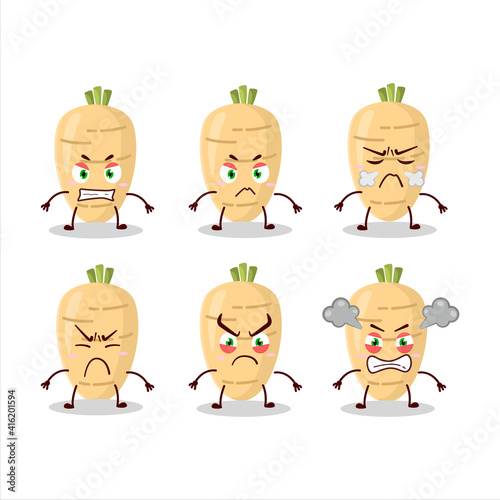 Long radish cartoon character with various angry expressions