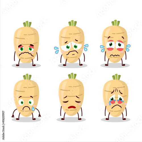 Long radish cartoon character with sad expression