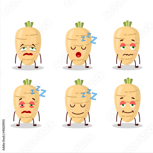 Cartoon character of long radish with sleepy expression