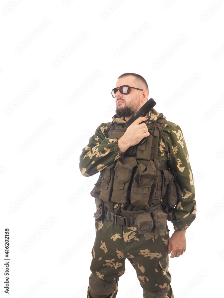 Soldier isolated on white background .Concept -army, police, service, security, Armed Forces, Private military company, navy, mercenary.