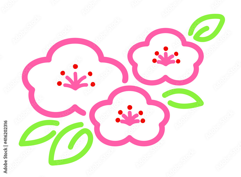 かわいい梅の花の線画イラスト・ピンク かわいい梅の花の線画イラスト・ピンク