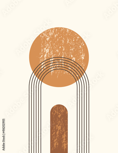 Abstract Art Background in Trendy minimal Style with Rainbow and Sun in neutral colors. Vector Boho Illustration for Wall art, t-shirt Print, cover, banner, for social media
