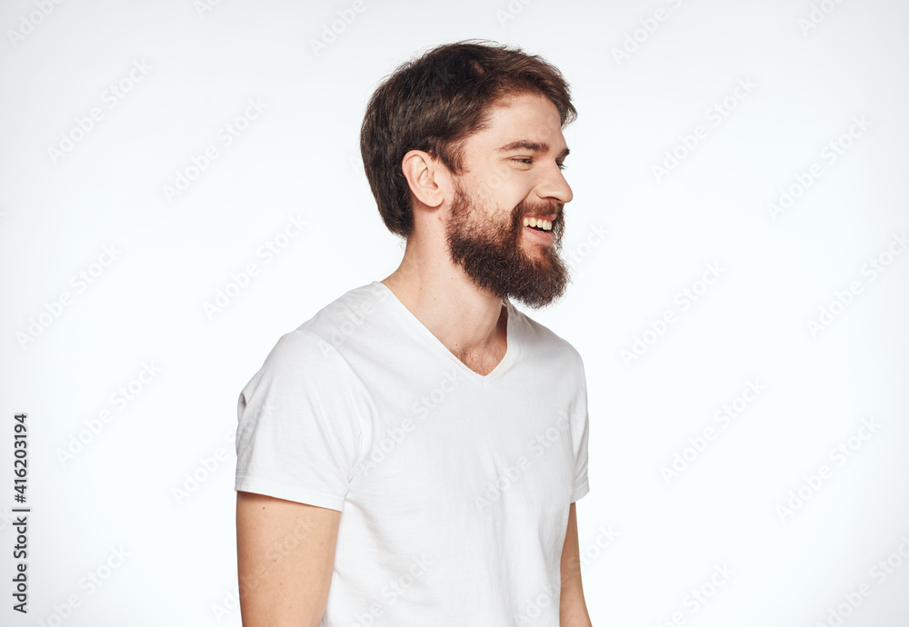 Obraz premium Man with beard fashionable hairstyle model cropped view of white t-shirt