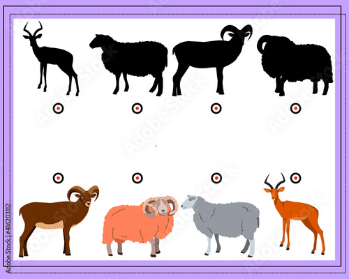 Game for kids find the right shadow. Choose the right shade for the artiodactyls. Vector illustration isolated on white background