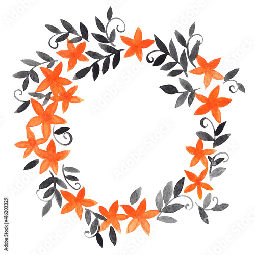 Fototapeta Naklejka Na Ścianę i Meble -  Orange flower and ivy black leaf wreath for decoration on Autumn season and Halloween festival.