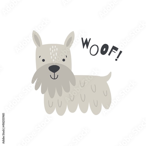woof lettering text and a cute dog