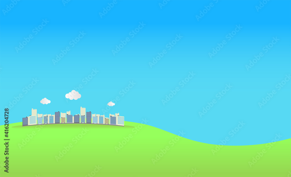 丘にあるビル・都会と緑と青空の背景