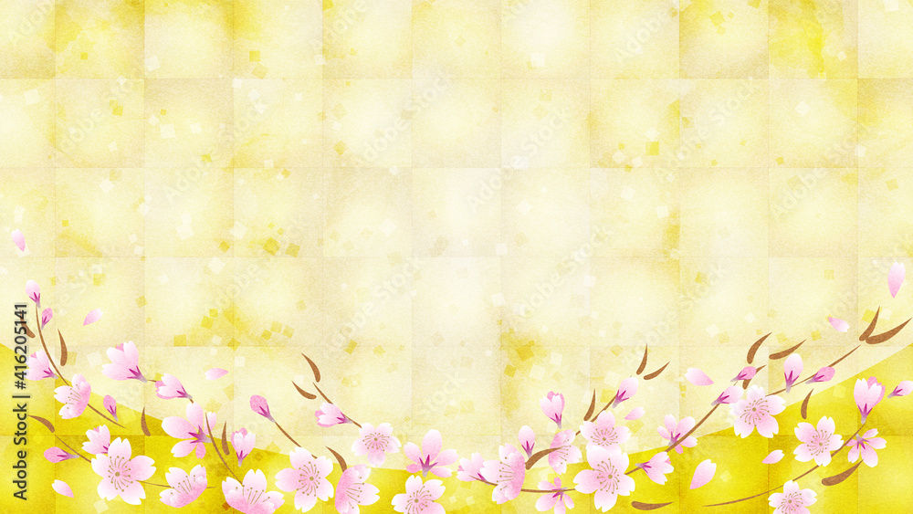 金箔の背景に枝垂桜の花　コピースペースあり