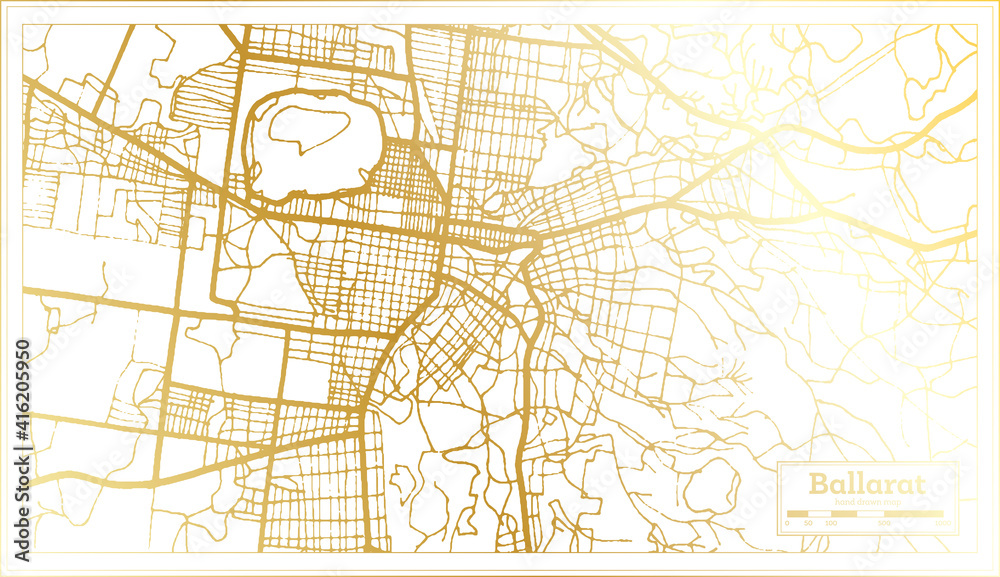 Ballarat Australia City Map in Retro Style in Golden Color. Outline Map.