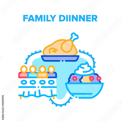 Family Dinner Vector Icon Concept. On Family Dinner Eating Delicious Fried Chicken Or Turkey And Tasty Creamy Dessert. Celebration Party Holiday Food Guests Eat At Table Color Illustration