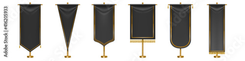 Black long pennant flags with golden tassel fringe and borders isolated on white background. Vector realistic template of blank textile pennons different shapes on gold pillars