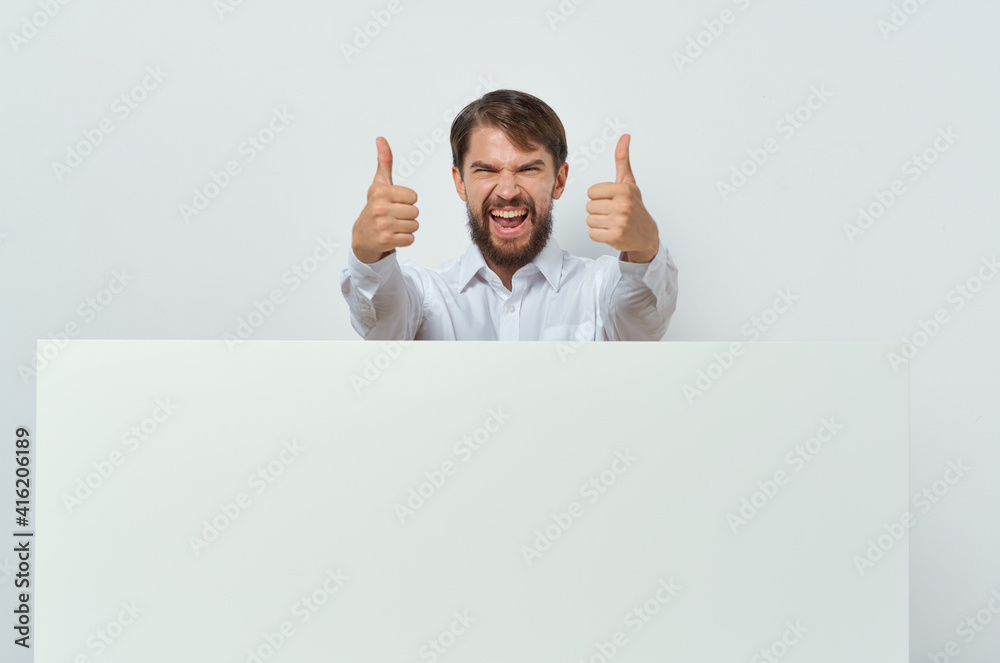 emotional man in shirt gesturing with his hands white mockup business advertisement emotional man in shirt gesturing with his hands white mockup business advertisement