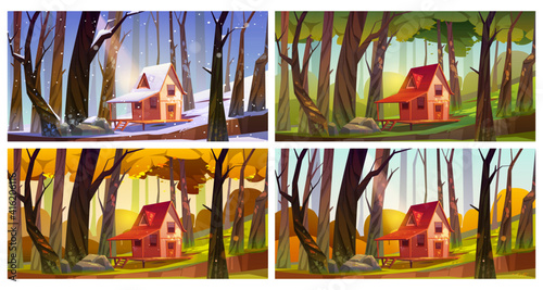 Wooden house in forest at different seasons. Vector set of cartoon illustration of winter, spring, summer and autumn landscape of woods with forester shack and trees