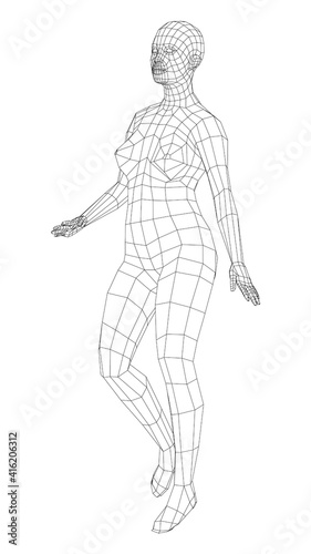Wireframe walking woman. Vector