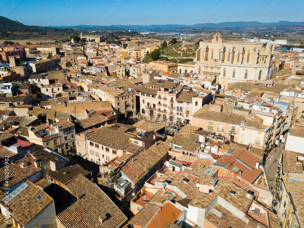 Panoramic view from drone of city of Montblanc and church of Santa Maria, Spain