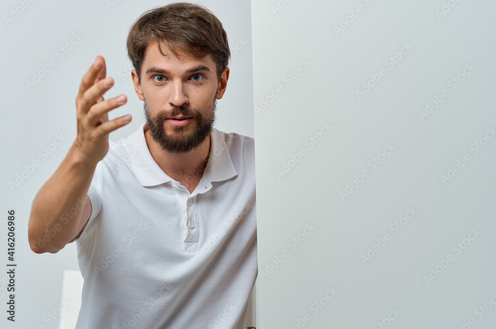 Fototapeta premium bearded man in white shirt banner copy space advertising studio