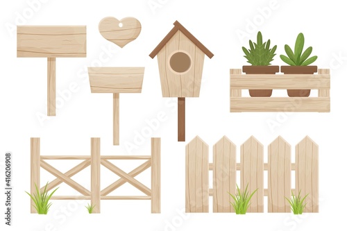 Set wooden fence, birdhouse, empty billboard, sign and wooden box with flowerpots isolated on white background. Textured, detailed objects, seasonsl decoration, beige elegant colour in cartoon style.