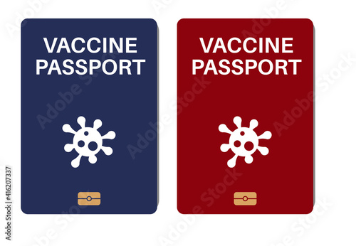 Red and Blue Biometric Covid-19 Vaccine passports on a white background