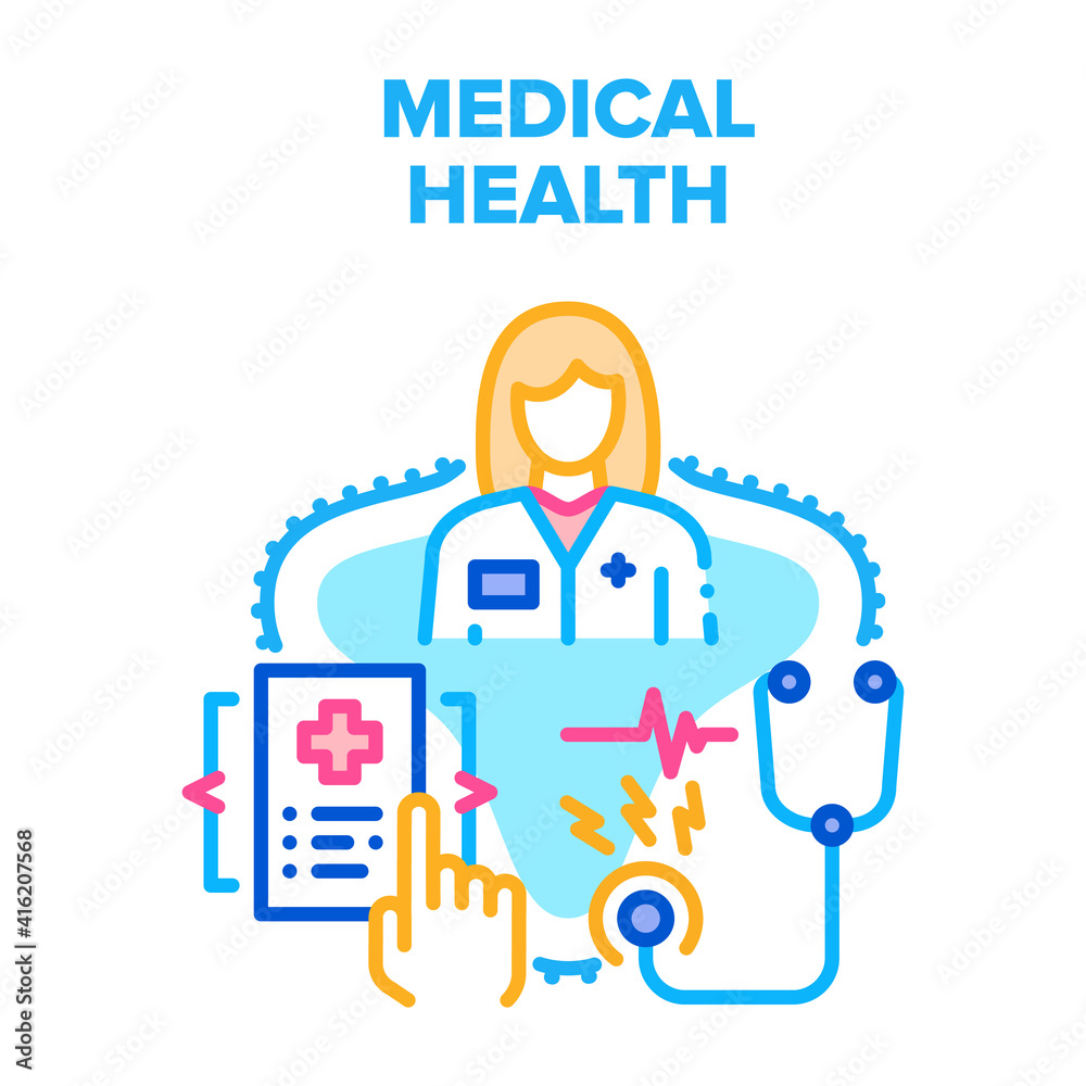Medical Health Vector Icon Concept. Medical Health Examination With Stethoscope Doctor Professional Equipment, Medicine Worker Checking Patient Insurance And Document Color Illustration Medical Health Vector Icon Concept. Medical Health Examination With Stethoscope Doctor Professional Equipment, Medicine Worker Checking Patient Insurance And Document Color Illustration