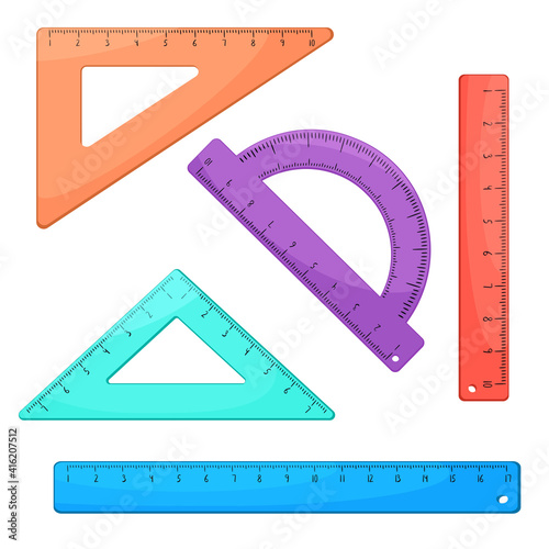 Set of multicolored school rulers isolated on white background. Flat vector illustration. Protractor, rulers, triangular rulers with scale


