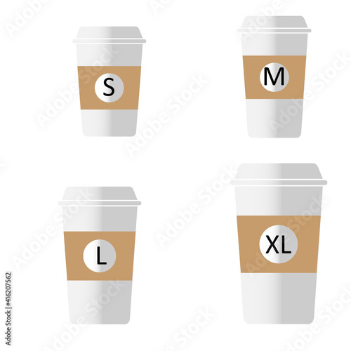 coffee to go different sizes sign. flat style. Coffee cup size S M L XL icons on white background. take-away hot cup sizes symbol. different size - small, medium, large and extra large.