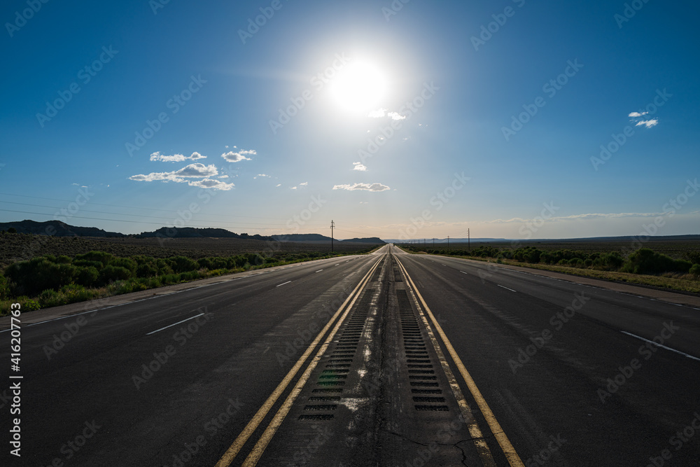 Empty highway asphalt road and beautiful sky sunset landscape. Landscape scene and sunrise above road.
