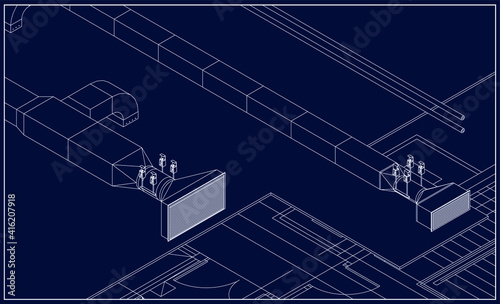Architectural BIM ventilation ducts vector 3d illustration blueprint