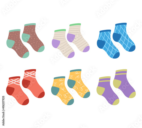 Vector collection of vintage colored socks. Short socks with different prints isolated on white background
