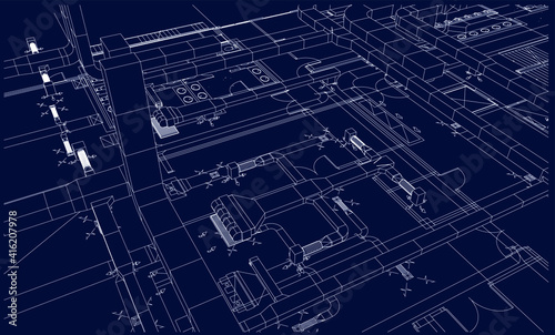 BIM air ducts design 3d illustration blueprint vector