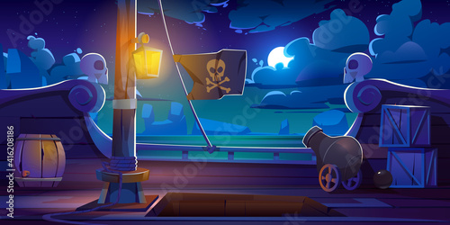 Pirate ship deck onboard night view, wooden boat with cannon, glow lantern, wood barrels, hold entrance, mast with ropes and jolly roger flag on dark seascape background, cartoon vector illustration