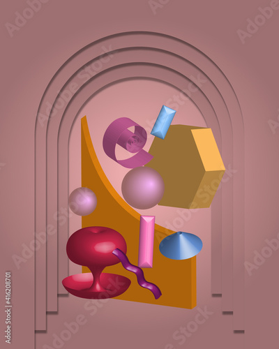 Geometry random primitive shapes and objects against pink arch background. High quality photo