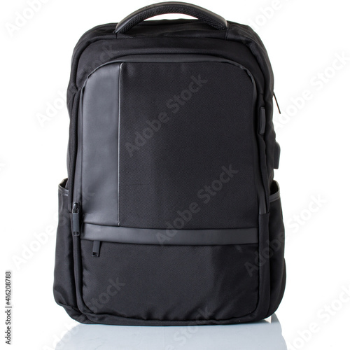 Men's black backpack made of textile. Isolated on a white background