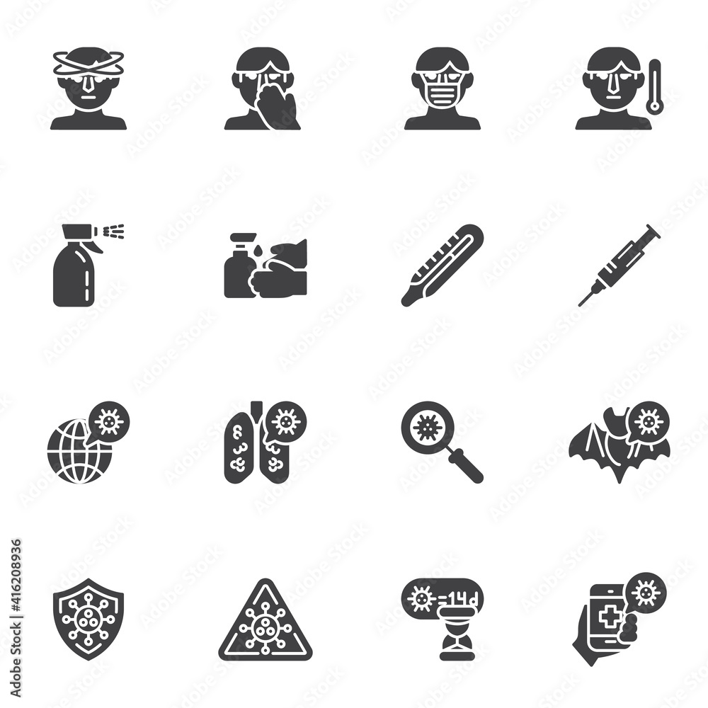 Obraz premium Coronavirus disease vector icons set, modern solid symbol collection, filled style pictogram pack. Signs, logo illustration. Set includes icons as coronavirus lung disease, face mask, headache, fever