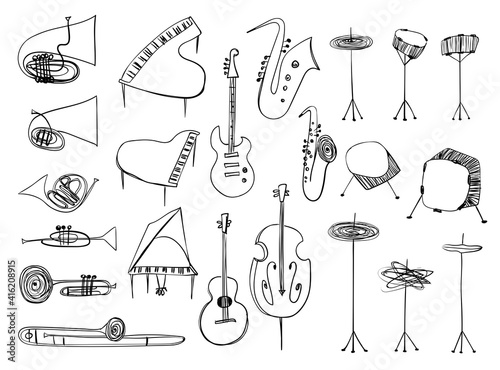Collection of outline drawing music instruments