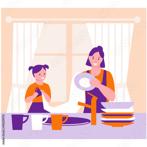 Mother and daughter are wiping the washed dishes. The concept of helping parents, household, joint affairs. Vector illustration in flat cartoon style.