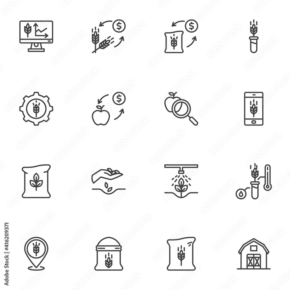 Farm agriculture business line icons set, outline vector symbol collection, linear style pictogram pack. Signs, logo illustration. Set includes icons as wheat price, harvest statistics, seed bag Farm agriculture business line icons set, outline vector symbol collection, linear style pictogram pack. Signs, logo illustration. Set includes icons as wheat price, harvest statistics, seed bag