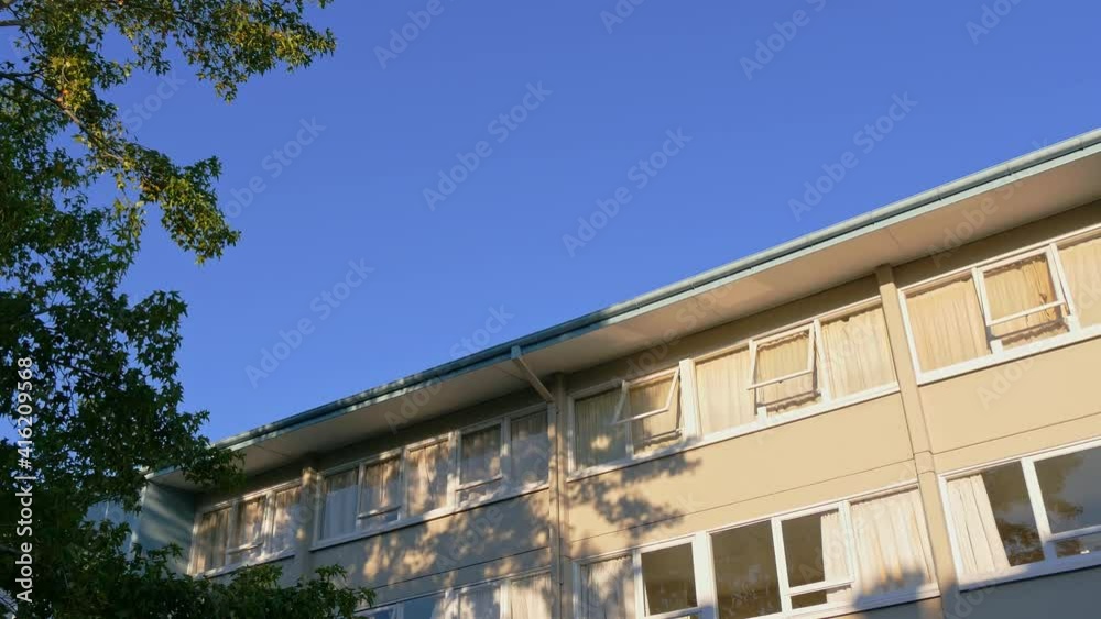 In the sunshine, shadows of trees reflected on near buildings in New Zealand In the sunshine, shadows of trees reflected on near buildings in New Zealand