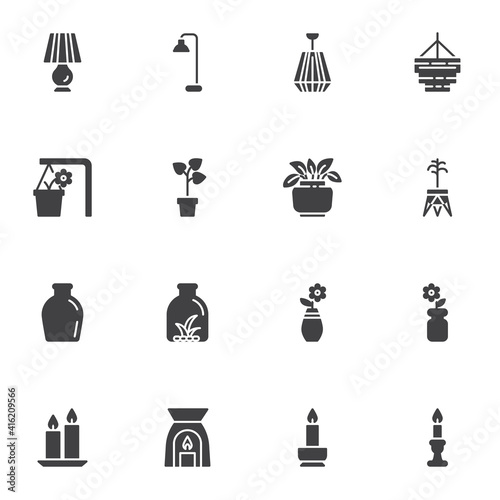 Home decor vector icons set, modern solid symbol collection, filled style pictogram pack. Signs, logo illustration. Set includes icons as table lamp, chandelier, houseplant, flower pot, vase, candles