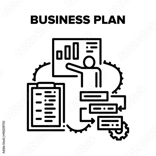 Business Plan Vector Icon Concept. Business Plan And Development Working Process, Presentation Growth Profit And Marketing Planning Checklist. Company Financial Strategy Black Illustration