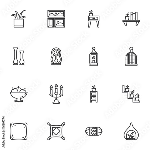 Furniture and home decor line icons set, outline vector symbol collection, linear style pictogram pack. Signs logo illustration. Set includes icons as bookshelf, houseplant, cushion pillow, nightstand