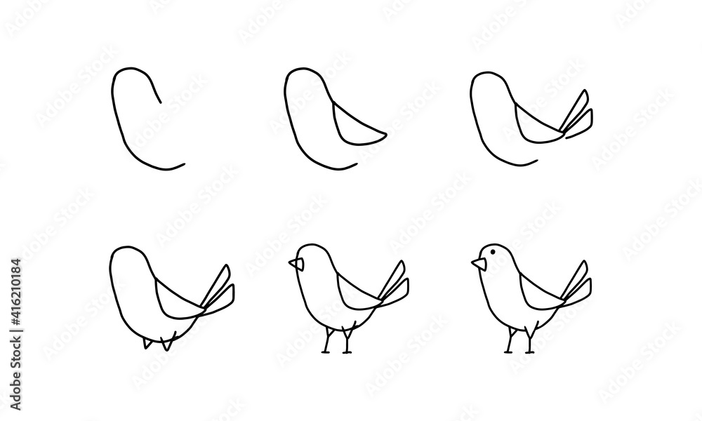 how to draw a cute bird step by step. pets animal cartoon coloring  character collection for kids. easy funny animal drawing illustration for  kids creativity. drawing guide book in vector design. Stock