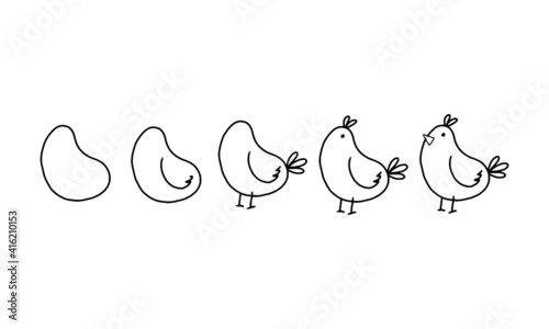 how to draw a cute bird step by step. pets animal cartoon coloring character collection for kids. easy funny animal drawing illustration for kids creativity. drawing guide book in vector design.