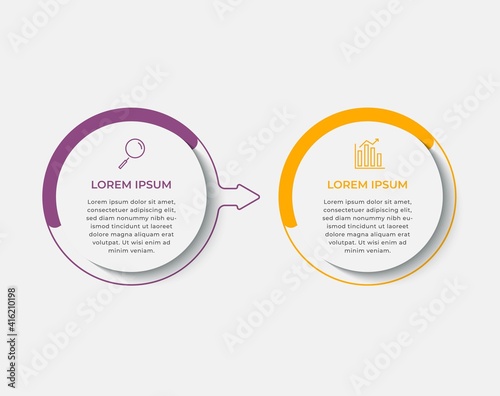 Minimal Business Infographics template. Timeline with 2 steps, options and marketing icons .Vector linear infographic with two circle conected elements. Can be use for presentation.