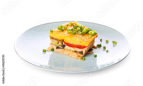 Plate of tasty baked vegetable casserole on white background